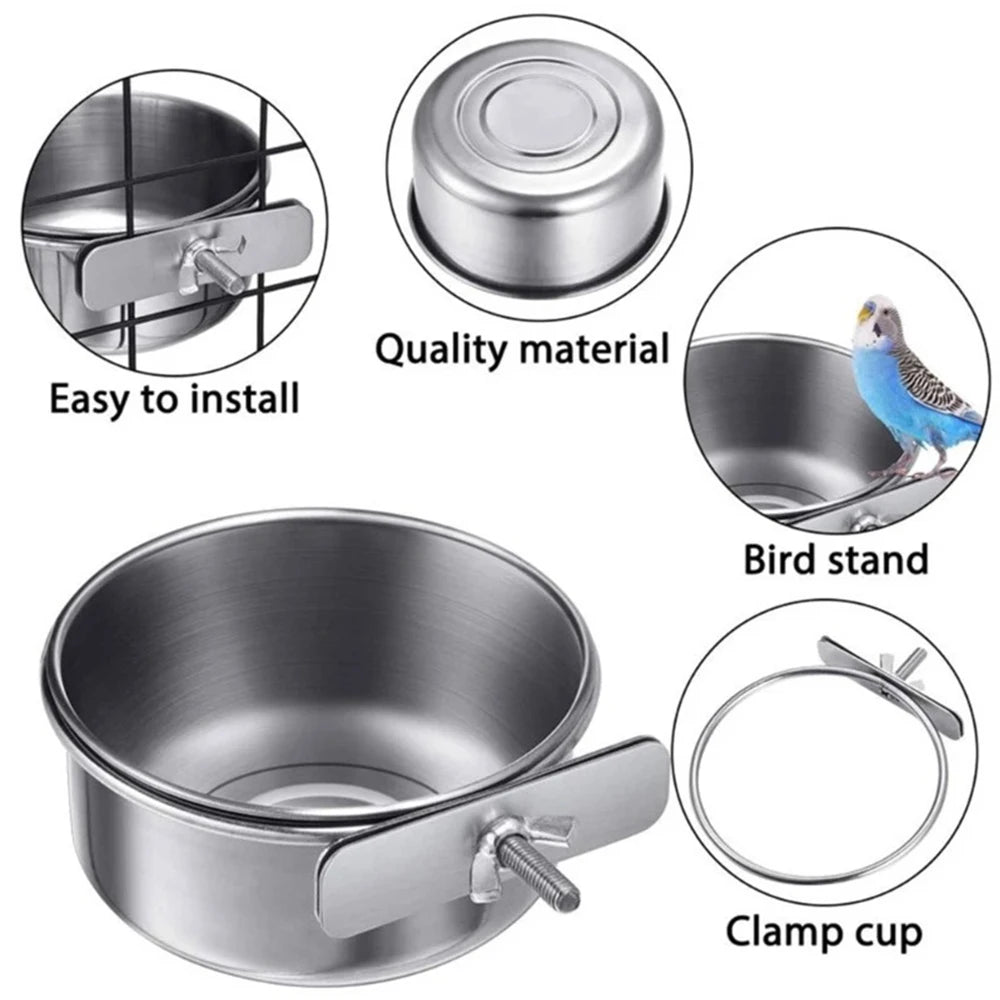 Stainless Steel Clamp-On Bird Cage Feeder Bowl