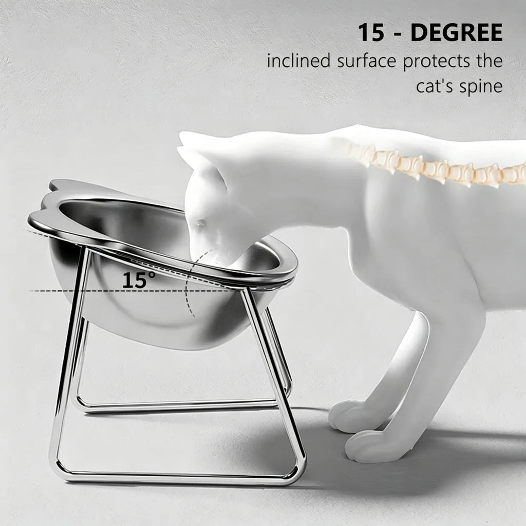 Elevated Cat Bowl - 15-Degree Tilted Stainless Steel Feeding Dish with Raised Stand